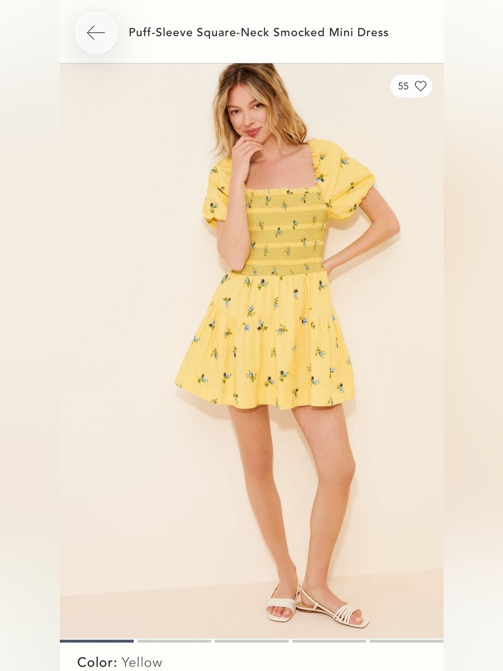 Anthropologie Puff Sleeve Square Neck Yellow Floral Smocked Mini Dress XL